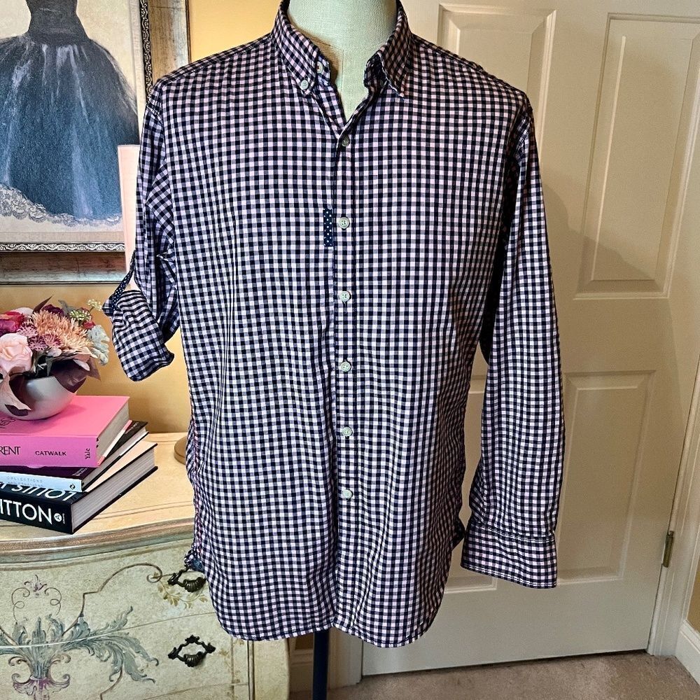Men's Robert Graham‎ Jeans Black & Pink Gingham Check Button Front Shirt LARGE